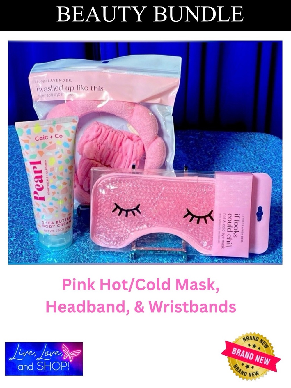 BEAUTY BUNDLE: Pink Hot/Cold Mask, Headband, Wristbands, Shea Butter Cr…